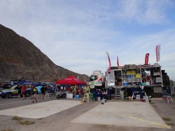 The Hino team bivouac stands by for its HINO500 Series trucks.