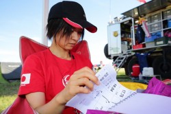 Navigator Yoko Wakabayashi goes over her road book. 